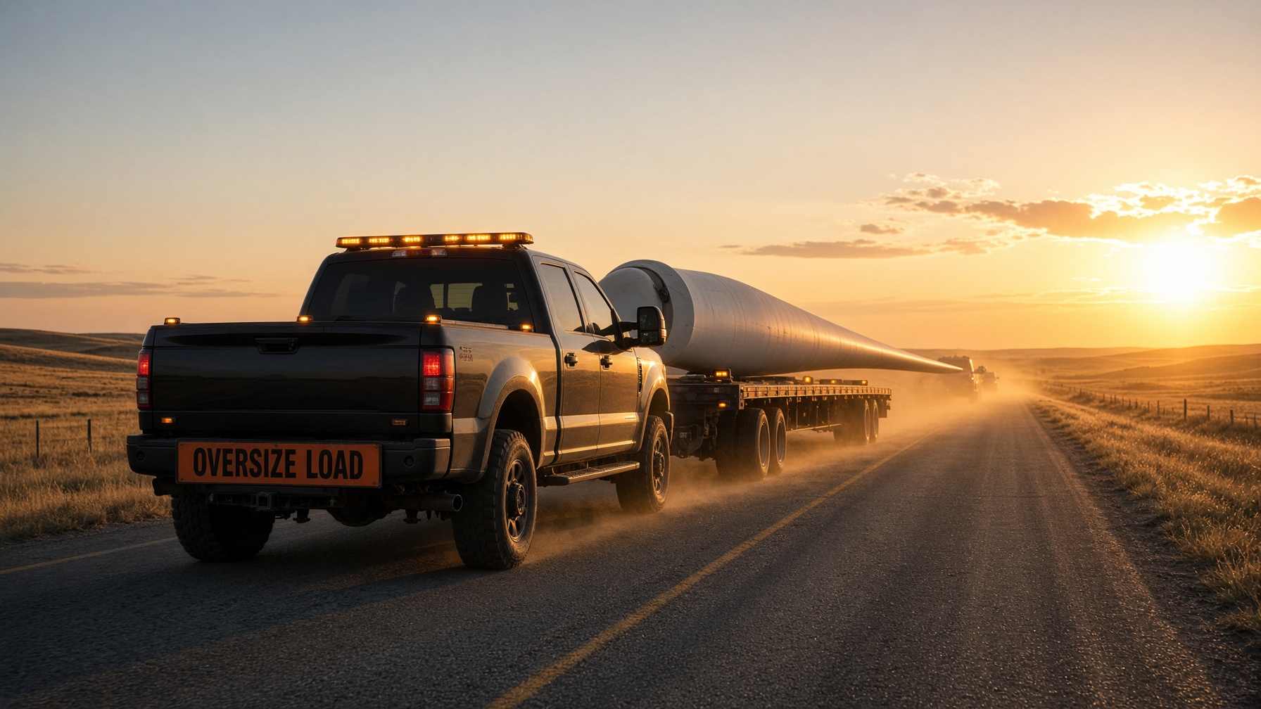 Pilot car leading a wind turbine blade on an open prairie highway