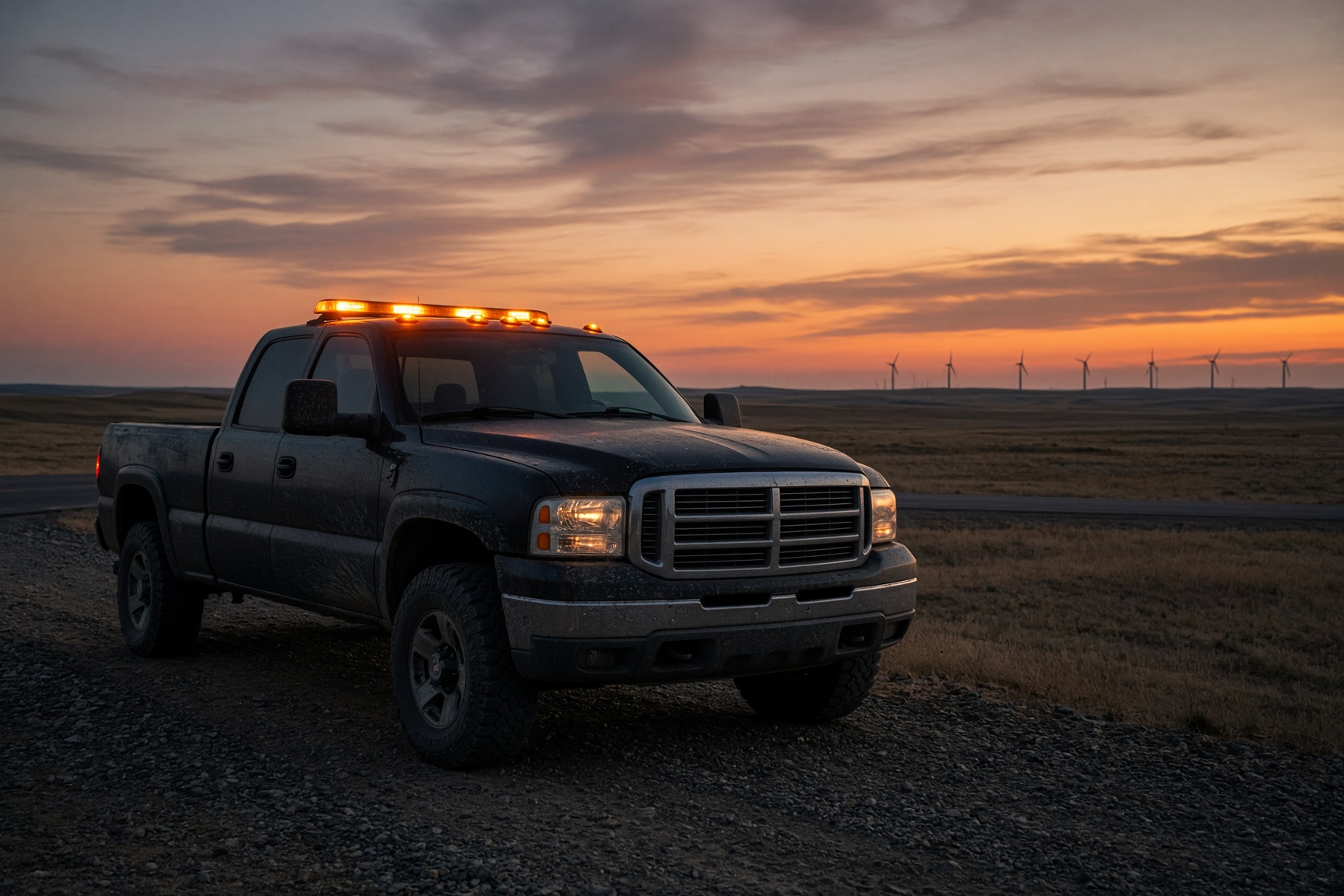 Pilot car with amber light bar at dusk on the prairie