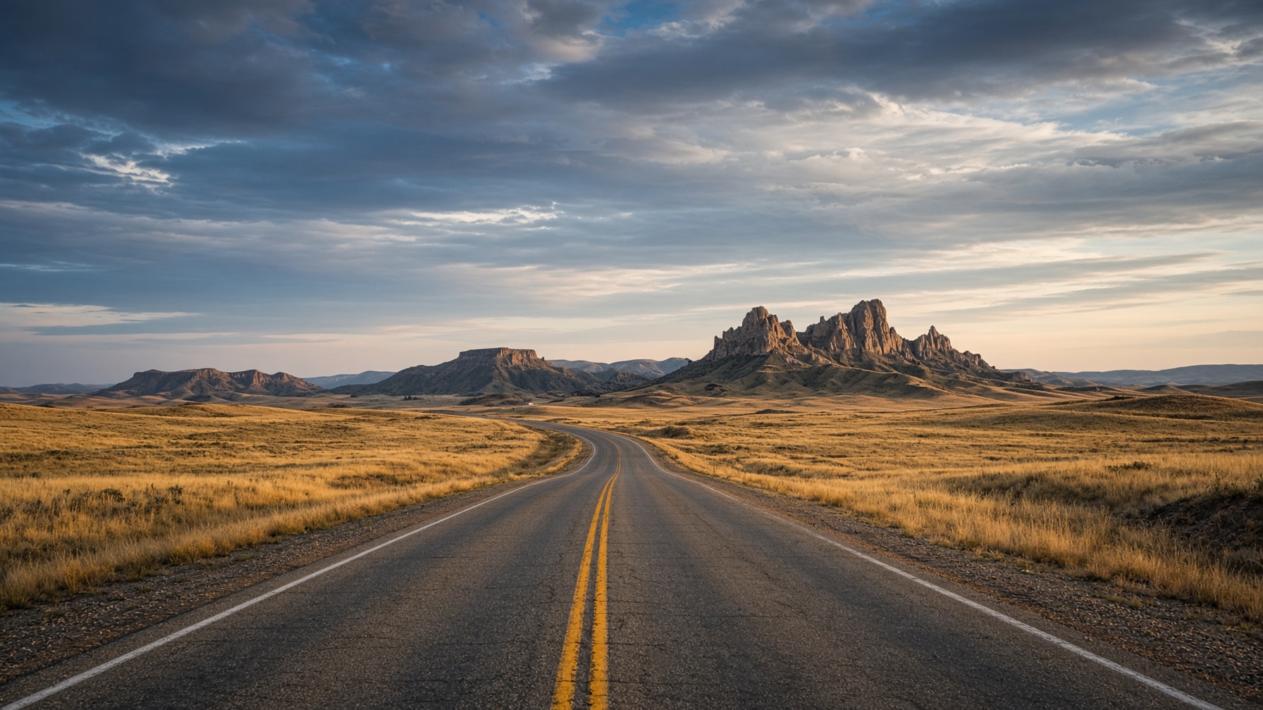 Two-lane highway across South Dakota prairie