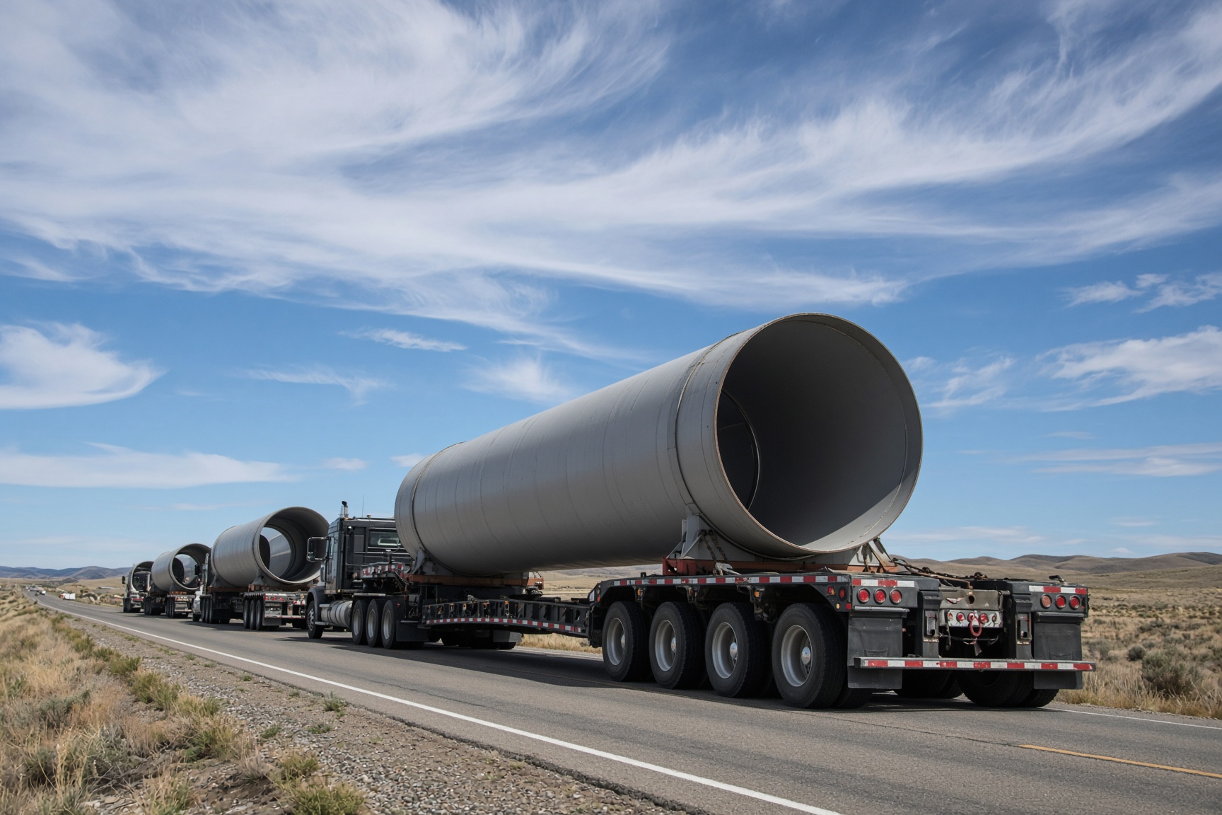 Wind turbine tower sections on heavy-haul trucks